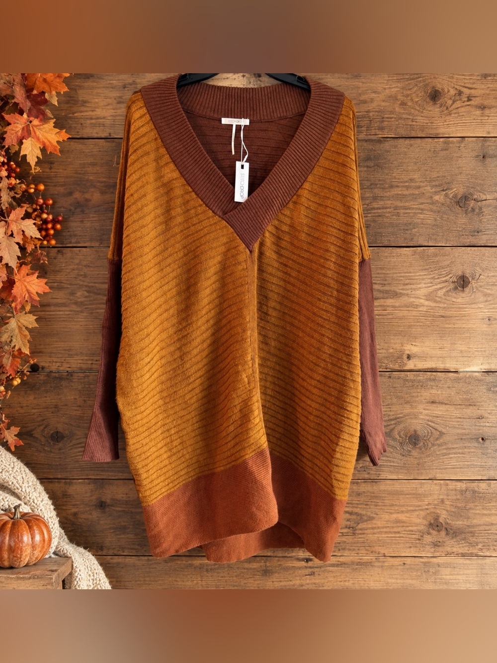 Brown and Orange V-Neck Sweater